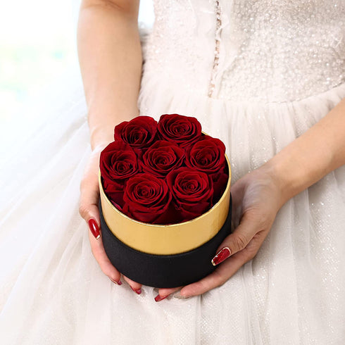Handmade Preserved Red Roses in a Round Black  Box